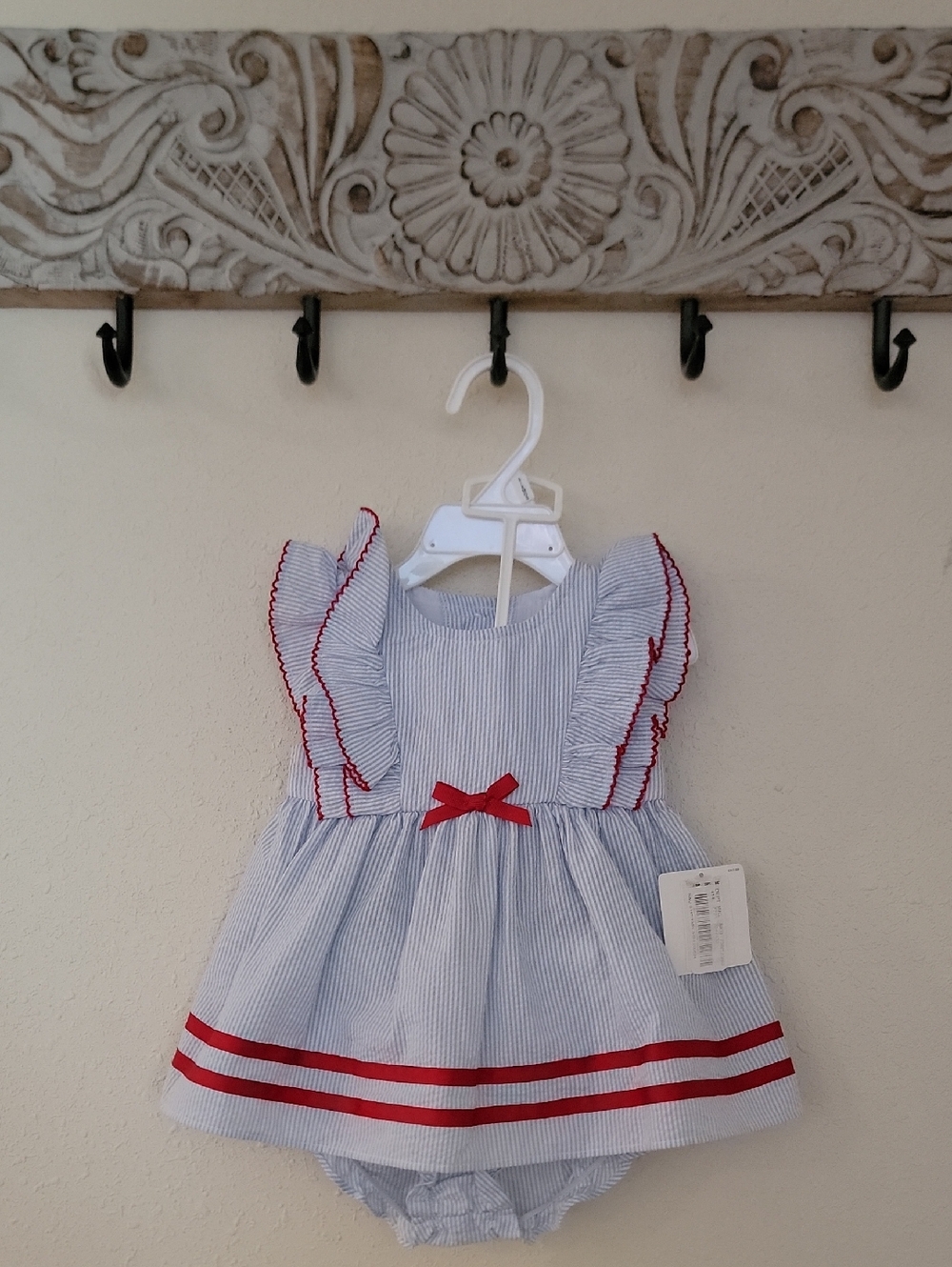 Starting Out Red, White, & Blue Striped Baby Dress with Red Trim Bow 3-6 Month